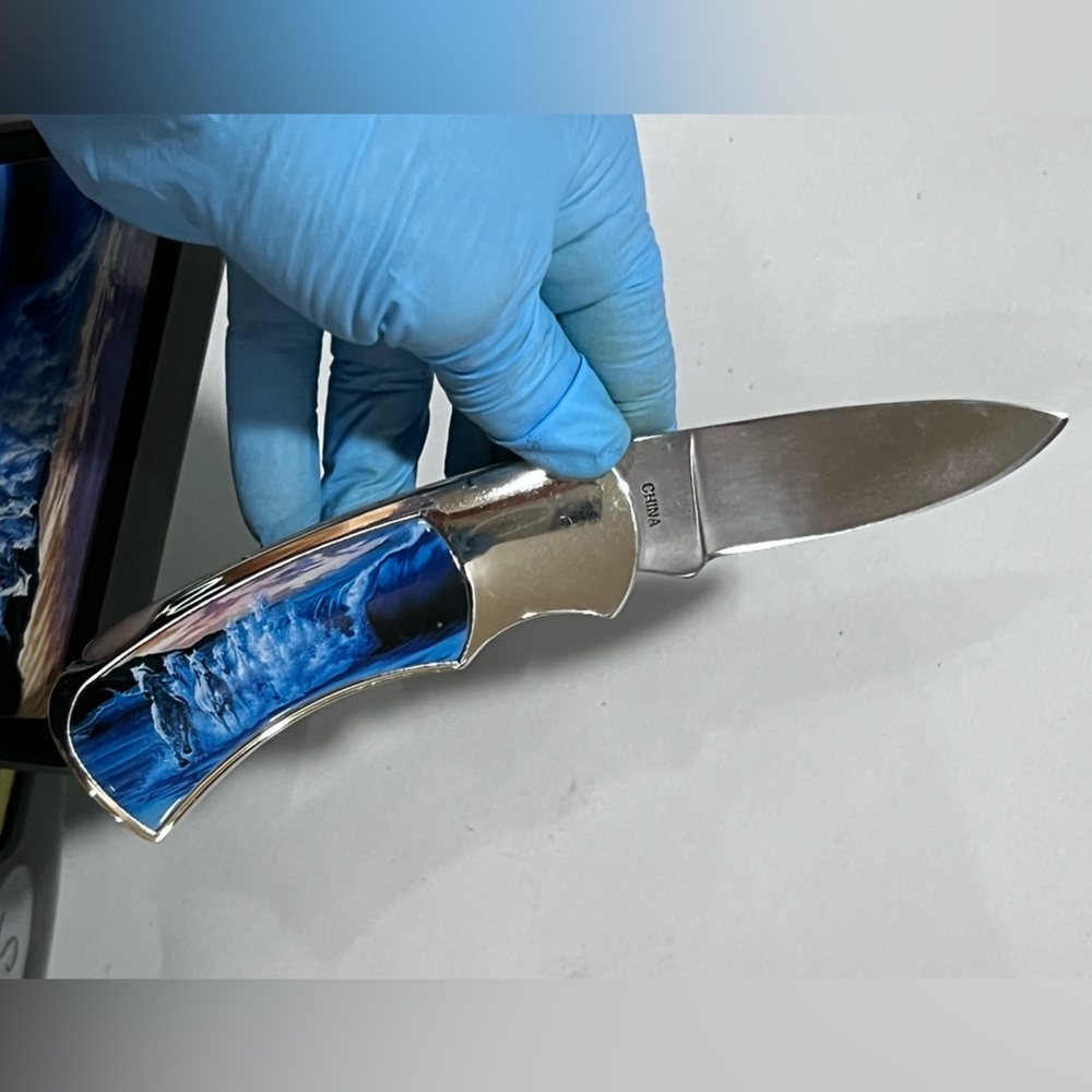 Blue and Silver Folding Knife with Horse Design - Picture 2 of 9
